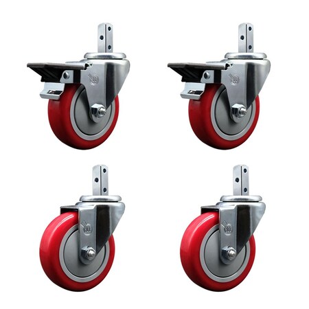 Service Caster 4'' Red Polyurethane Wheel Swivel 3/4'' Square Stem Caster Set 2 Brakes, 4PK SCC-SQ20S414-PPUB-RED-PLB-34-2-S-2